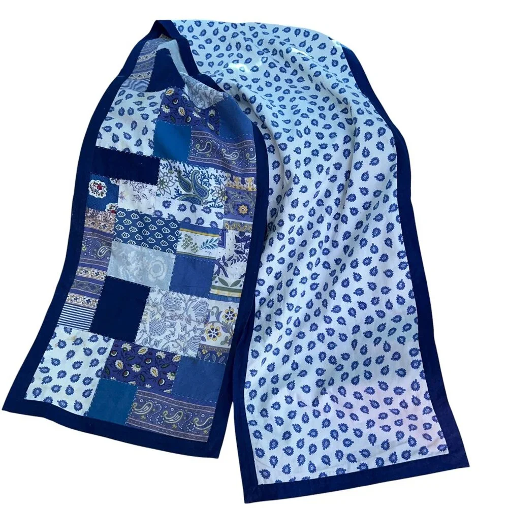 Williams Sonoma blue paisley reversible patchwork plaid cotton table runner